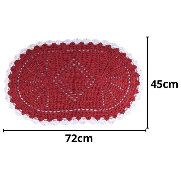 Imagem de Tapete De Crochê Barbante Oval 72Cm Vermelho Com Borda Branco Para Banheiro Cozinha Sala Quarto Lindo Artesanal