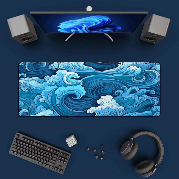 Imagem de Tapete de Mesa Estético Japonês XXL - Ondas Azuis (900x400mm) - Mousepad para Jogos em Borracha Natural