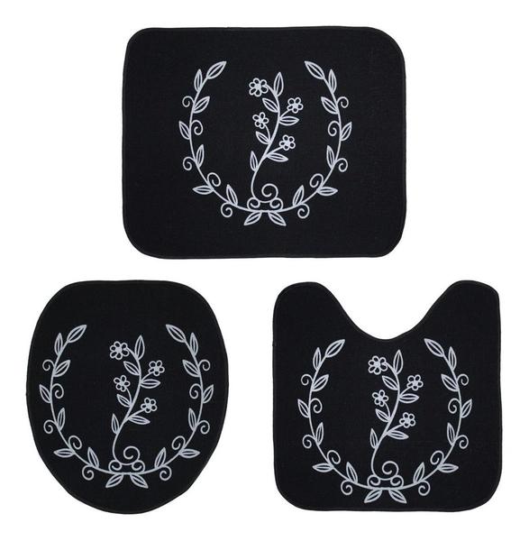 Tapete Jogo De Banheiro Preto Antiderrapante Kit 3 Peças Ramos Cinza - FASTLAR Imagem de Tapete Jogo De Banheiro Preto Antiderrapante Kit 3 Peças Ramos Cinza