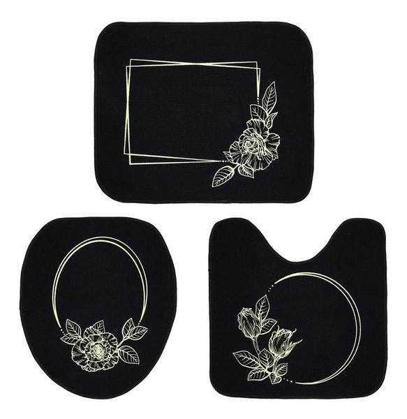 Tapete Jogo De Banheiro Preto Antiderrapante Kit 3 Peças Rosas Marfim - FASTLAR Imagem de Tapete Jogo De Banheiro Preto Antiderrapante Kit 3 Peças Rosas Marfim