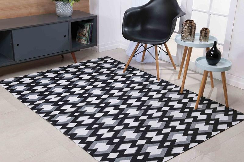 Imagem de Tapete Sala Quarto Geométrico Jacquard 1,00m x 1,36m Antiderrapante - Double Preto e Branco