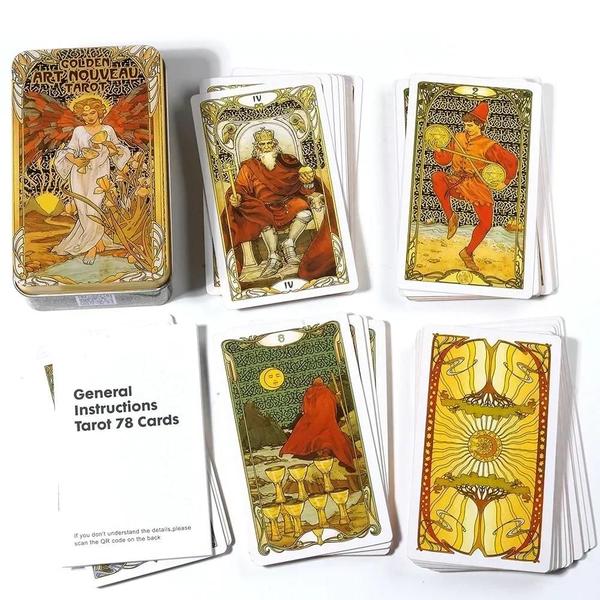 Imagem de Tarot em caixa de lata com guia, Art Nouveau dourado, 10,3x6 cm, 78 peças