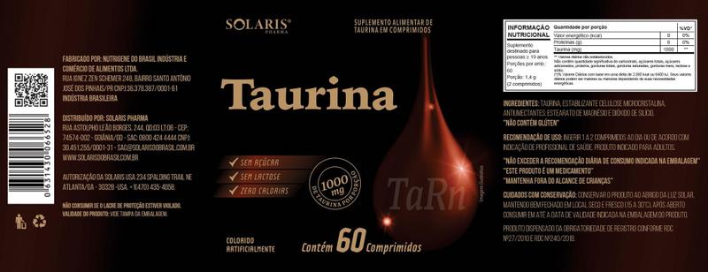 Imagem de Taurina 1000mg 60 comprimidos pote 60 dias de uso