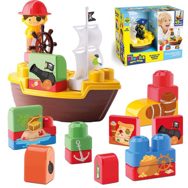 Imagem de Tchuco Blocks Navio Pirata De Brinquedo Colorido 49 Peças Pedagógico - Samba Toys