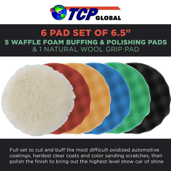 TCP Global 6.5" Waffle Espuma e Lã Buffing & Poloning Set - 5 Waffle Foam Pads & 1 Natural Wool Pad - para Hook & Loop Backing Imagem de TCP Global 6.5" Waffle Espuma e Lã Buffing & Poloning Set - 5 Waffle Foam Pads & 1 Natural Wool Pad - para Hook & Loop Backing