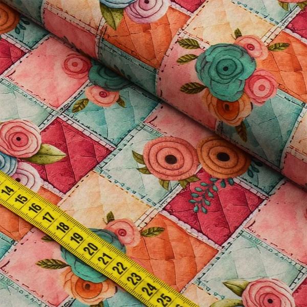 Imagem de Tecido Estampado Para Patchwork - Costura Retrô : Quilt e Flor (0,50x1,50)