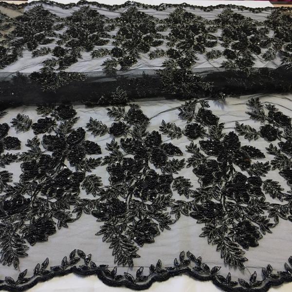 Imagem de Tecido Renda Tule Bordado Em Pedrarias Floral Preto com Prata1mt comp x 1,25mt larg