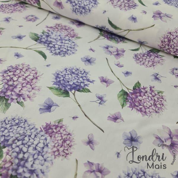 Tecido Tricoline Estampa Hortensias Lilás Fundo Branco - Dohler Textil Imagem de Tecido Tricoline Estampa Hortensias Lilás Fundo Branco