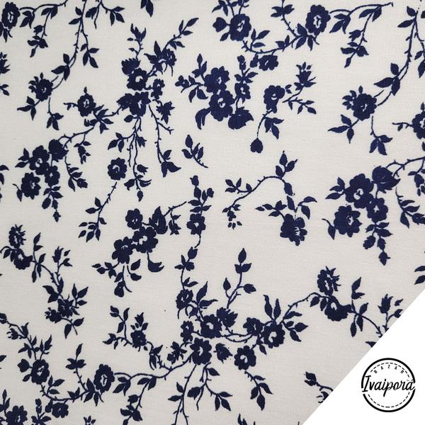 Imagem de Tecido Tricoline Estampado Floral com Fundo Bege - Azul Marinho - 50x150cm