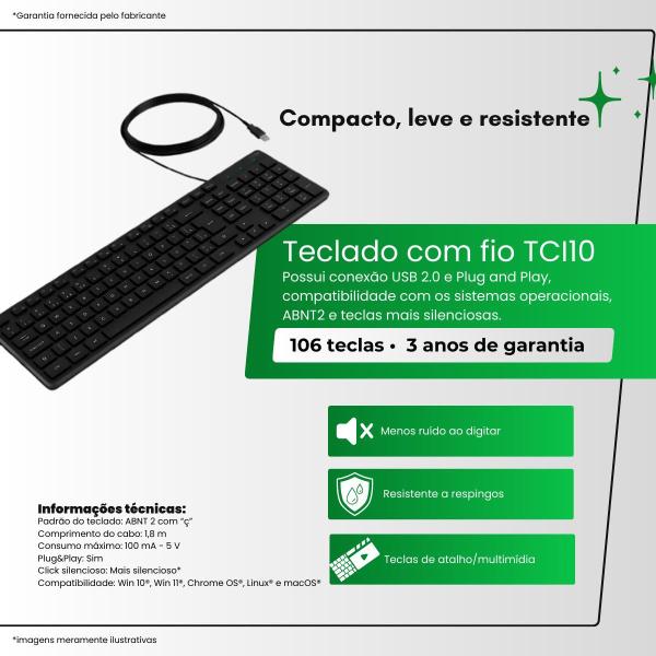 Imagem de Teclado com Fio USB Intelbras TCI 10 Cabo de 1,8 Metros