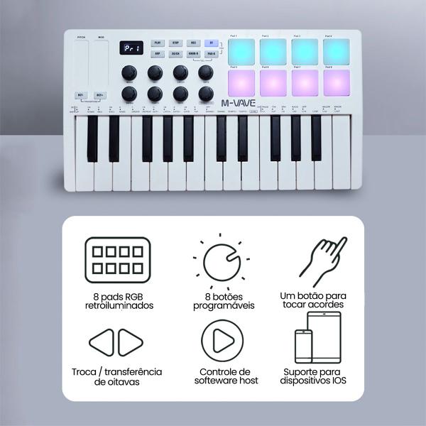 Imagem de Teclado Controlador Midi De 25 Teclas Piano 8 Pads Retroiluminados Mini M-vave Usb Teclas Sensitivas