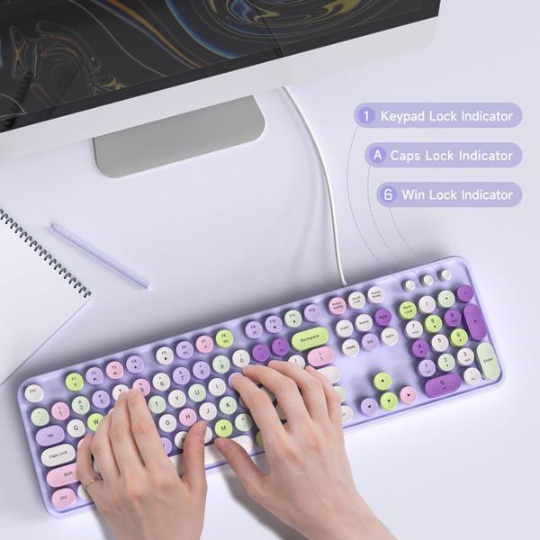 Imagem de Teclado de computador MOWUX Máquina de escrever redonda retrô com fio USB roxo