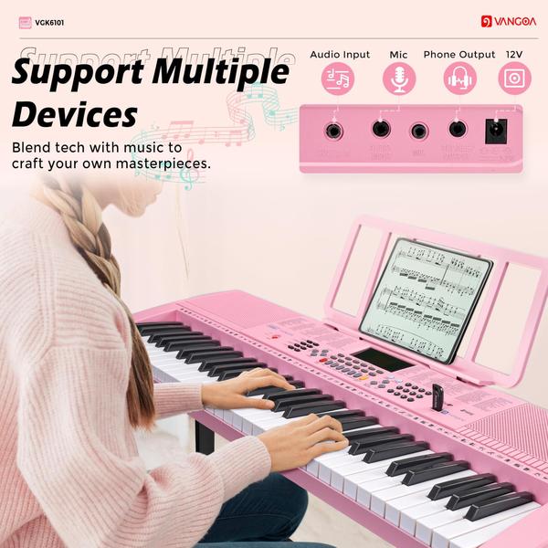 Imagem de Teclado de piano Vangoa Pink 61 teclas com microfone para crianças