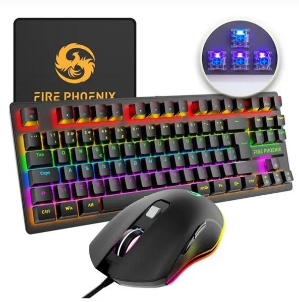 Imagem de Teclado E Mouse Gamer Mecânico Switch Blue Abnt2 Fire Phenix Rgb Switch Blue Fire Phoenix Lançamento