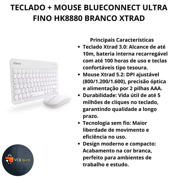 Imagem de Teclado e mouse kit bluetooth sem fio ultra fino hk8880 branco xtrad