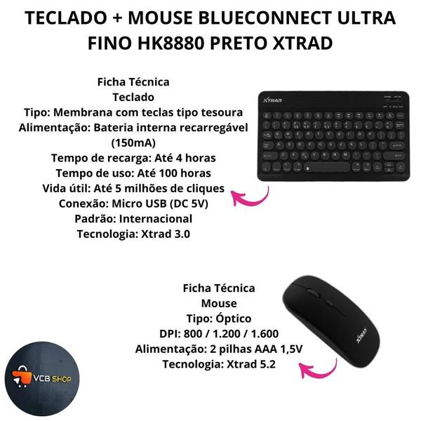 Imagem de Teclado e mouse kit bluetooth sem fio ultra fino hk8880 preto xtrad