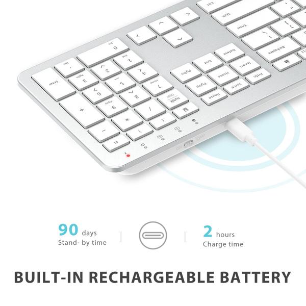 Imagem de Teclado e Mouse Sem Fio Ergonômicos e Recarregáveis - Conexão Estável 2.4G, Branco - Windows e MacOs