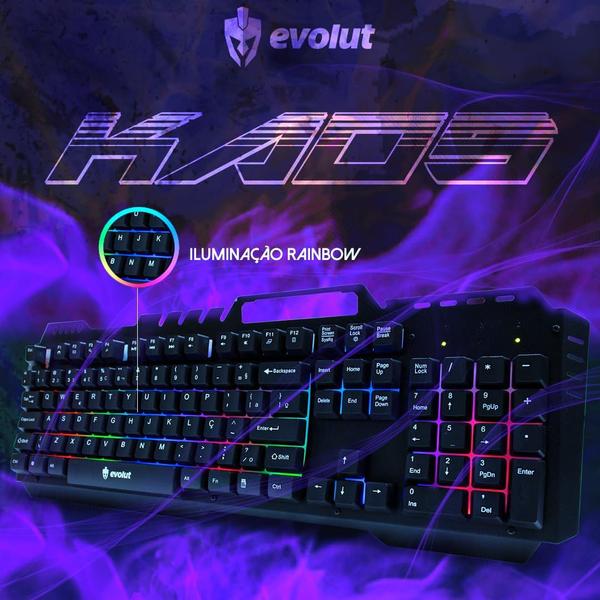 Imagem de Teclado Gamer Evolut Kaos Eg-210 Suporte Para Smartphone Celular Qwerty Português Brasil Metalizado Led Rainbow