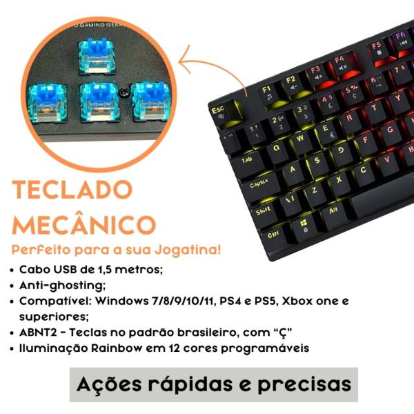 Imagem de Teclado Gamer Mecânico Blue Switch Led Rgb Usb Pc Ps Anti Ghosting Abnt2