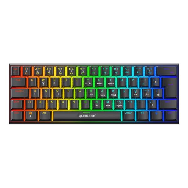 Imagem de Teclado gamer mecânico neologic precision dark  60% rainbow 61 teclas switch red preto cabo tipo c - predrk-red