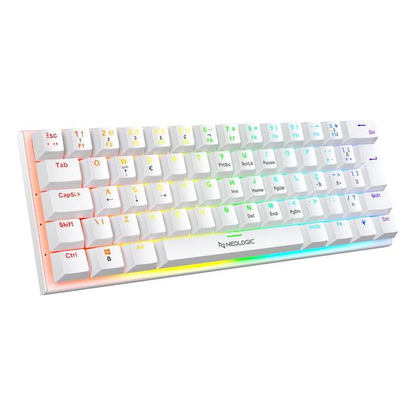 Imagem de Teclado gamer mecânico neologic precision polar 60% rainbow 61 teclas switch blue branco cabo tipo c - preplr-blue