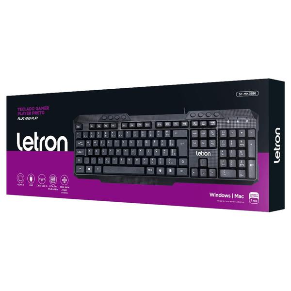 Imagem de Teclado Gamer Player Preto Membrana Tecla Multimidia Ergonômico Letron