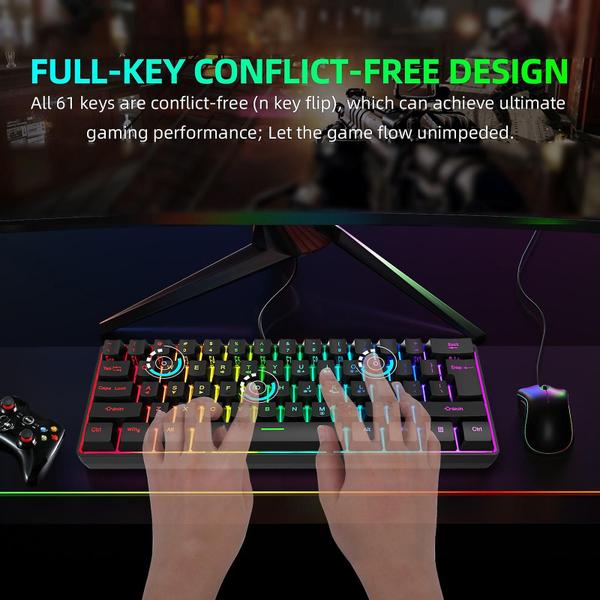 Imagem de Teclado iluminado rgb 60% teclado mecânico para jogos compacto 61 teclas teclado de escritório com fio com interruptor azul para windows laptop pc m-ac