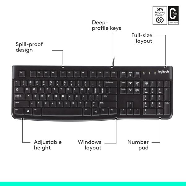 Imagem de Teclado Logitech K120 com fio para Windows, tamanho normal - preto