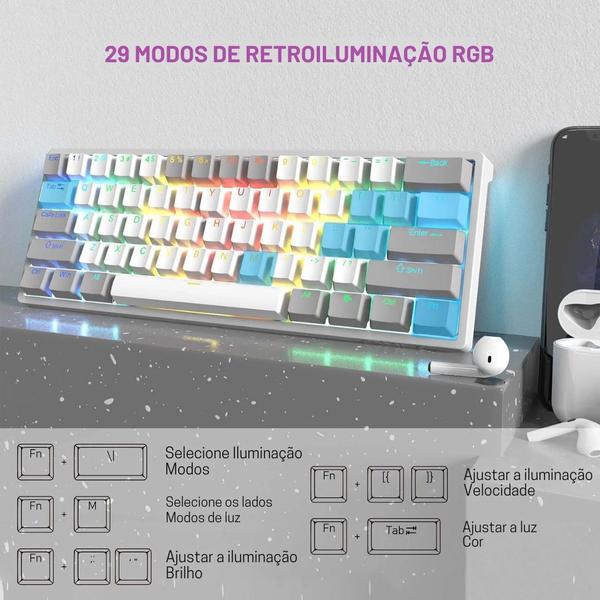 Imagem de Teclado Mecânico Gamer AULA 60% RGB, Switch Blue, USB, Cinza