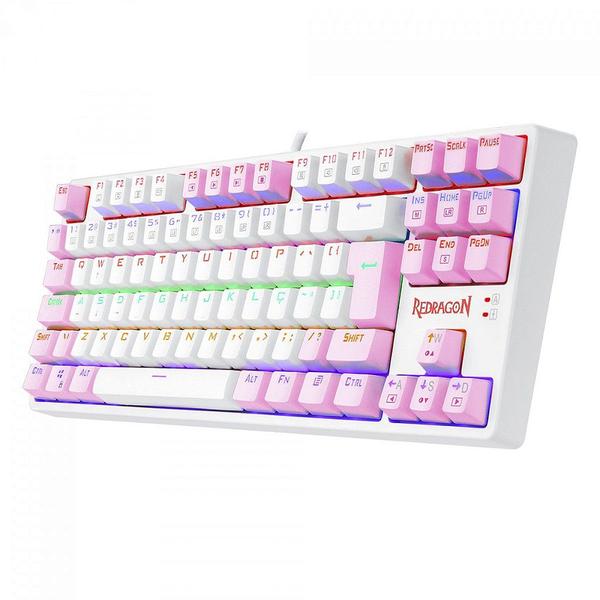 Imagem de Teclado Mecânico Gamer Redragon Daksa, Rainbow, Switch Brown Removíveis, ABNT2, White/Pink