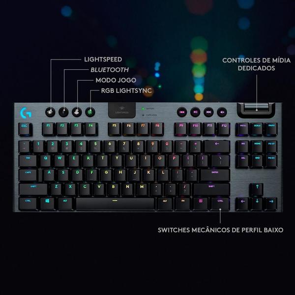 Imagem de Teclado Mecânico Gamer Sem Fio Logitech G915 TKL RGB LIGHTSYNC, USB ou Bluetooth, Ultrafino, Switch GL Tactile, Preto - 920-009495