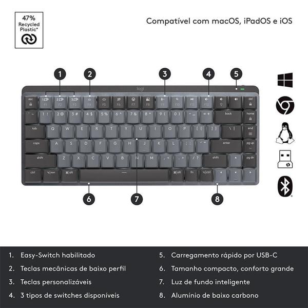 Imagem de Teclado Mecânico S/ Fio Logitech MX Mechanical Mini, Iluminação, Switch Tactile Quiet, Bluet., USB