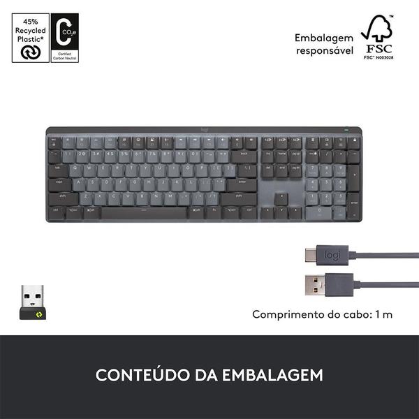 Imagem de Teclado Mecânico Sem Fio Logitech MX Mechanical, Iluminação, Switch Tactile Quiet, Bluetooth, USB, Preto - 920-010760