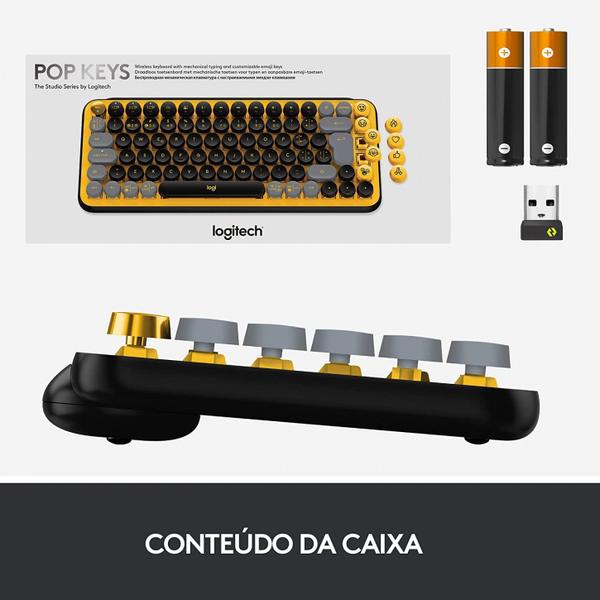 Imagem de Teclado Mecânico Sem Fio Logitech POP Keys, Switch Brown, Bluetooth, Teclas Emoji Personalizáveis, USB, Amarelo Blast - 920-010710