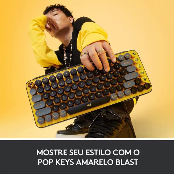 Imagem de Teclado Mecânico Sem Fio Logitech POP Keys, Switch Brown, Bluetooth, Teclas Emoji Personalizáveis, USB, Amarelo Blast - 920-010710