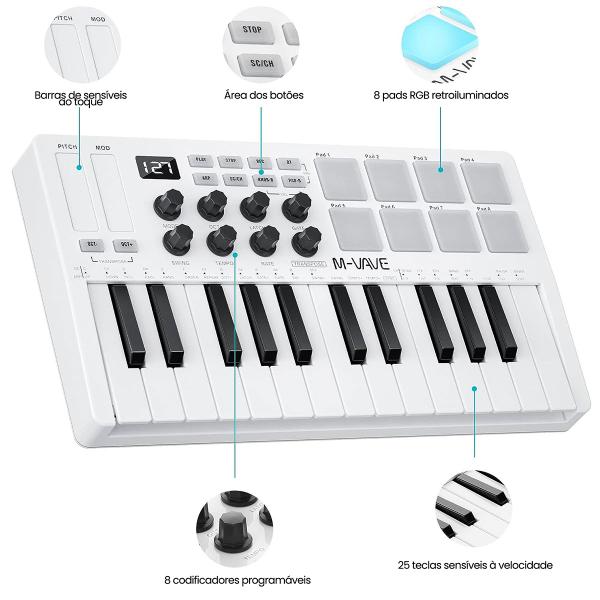 Imagem de Teclado Midi Controlador De 25 Teclas Piano 8 Pads Retroiluminados Mini M-vave Usb Teclas Sensitivas