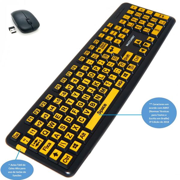 Imagem de Teclado Mouse sem Fio Ampliado Adaptado Braille Alto Contraste com Teclas Amarelas Letras Pretas