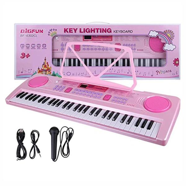 Imagem de Teclado Musical Para Iniciantes 61 Teclas Com Microfone Rosa