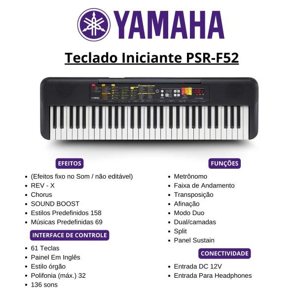 Imagem de Teclado Musical Yamaha p/ Iniciantes 61 Teclas F52 + Suporte