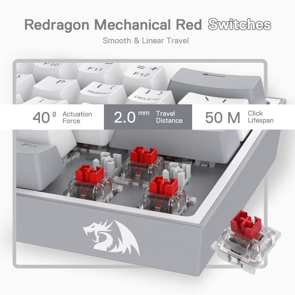 Imagem de Teclado para jogos RGB Redragon K617 Fizz com 60% fio, teclado mecânico compacto Hot-Swap de 61 teclas com teclas brancas e cinza, interruptor vermelho linear, suporte para driver/software profissional