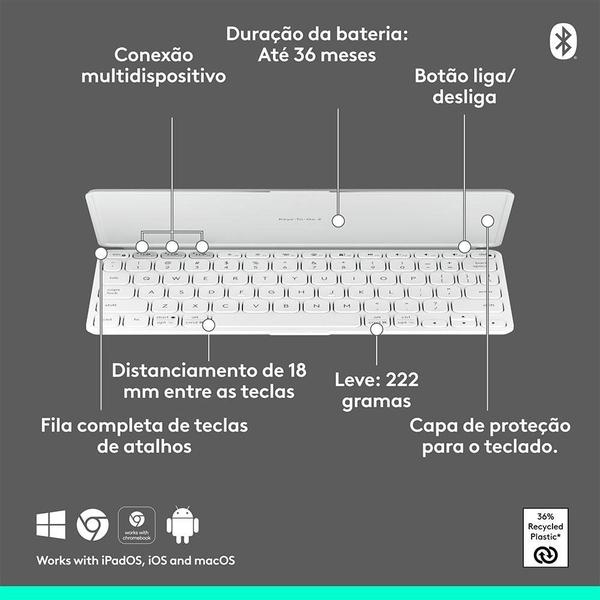 Imagem de Teclado Sem Fio Logitech Keys-To-Go 2, Bluetooth, para Tablets, macOs, Windows, Capa Integrada, Claro - 920-012919