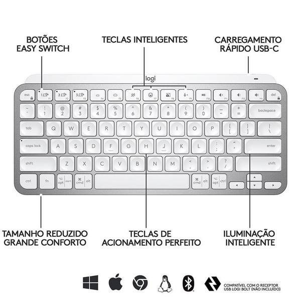 Imagem de Teclado Sem Fio Logitech MX Keys Mini, Iluminação Smart, Bluetooth, USB, Easy-Switch, Recarregável