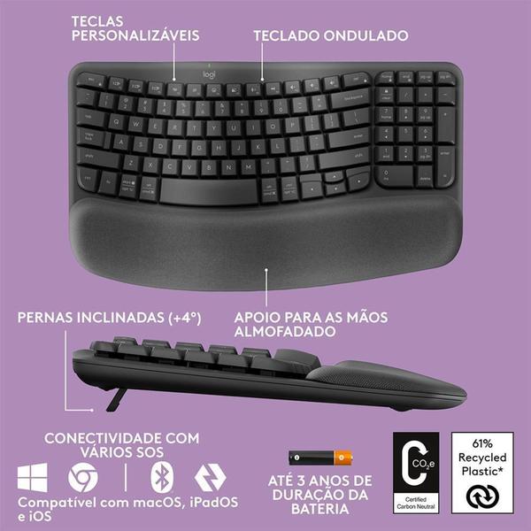 Imagem de Teclado Sem Fio Logitech Wave Keys, Bluetooth, Layout USErgonômico, Grafite - 920-012281