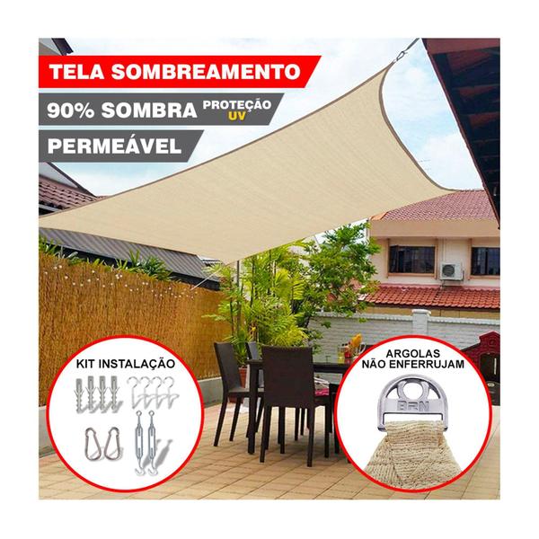Imagem de Tela Shade Toldo Sombreamento Cor Areia 5x3 Metros + Kit De Instalação - BRN COMMERCE