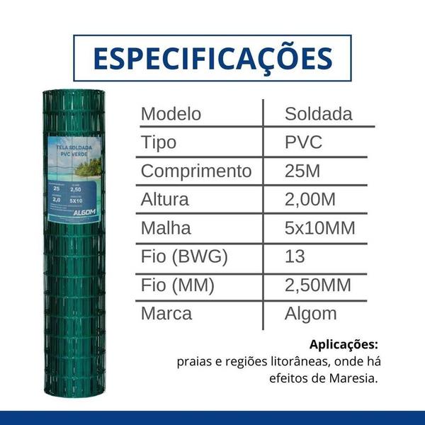 Imagem de Tela Soldada PVC Verde Malha 5x10 2.0M X 25M FIO 2,5mm BWG 12 Algom