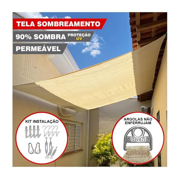 Imagem de Tela Sombreamento Decorativo Areia Cobertura 3x3 Metros + Kit Instalação