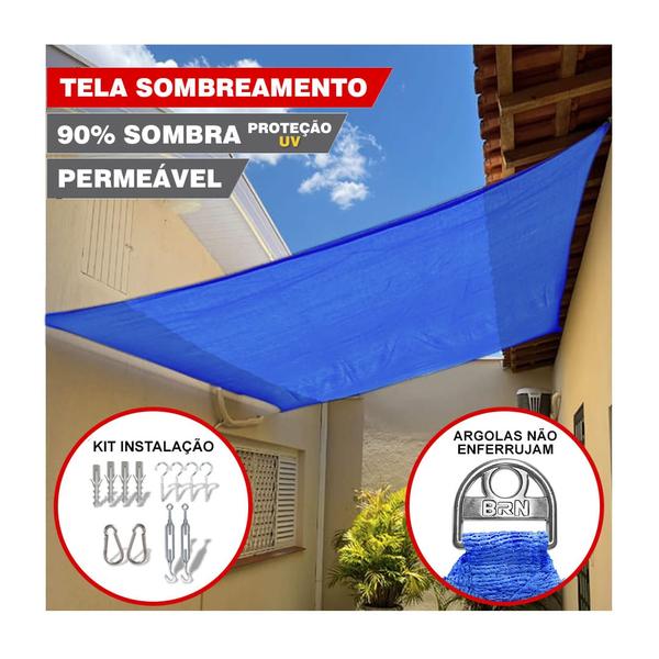 Imagem de Tela Sombreamento Decorativo Azul Cobertura 4x3 Metros + Kit Instalação