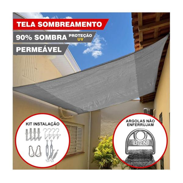 Imagem de Tela Sombreamento Decorativo Cinza Cobertura 3x2,5 Metros + Kit Instalação