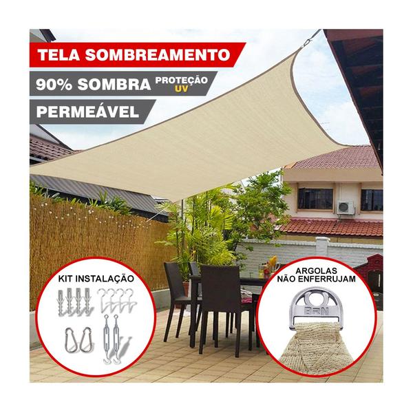 Imagem de Tela Toldo Sombreamento 90% Cor Areia Cobertura Decorativa 2x2m + Kit Instalação