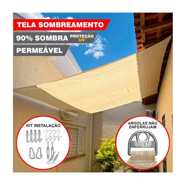 Imagem de Tela Toldo Sombreamento Cor Areia 3x3 Metros + Kit De Instalação